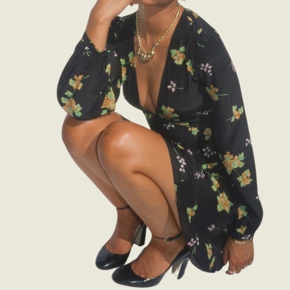 Realisation Par the Kate mini black floral silk Dress long sleeve L - Picture 5 of 8